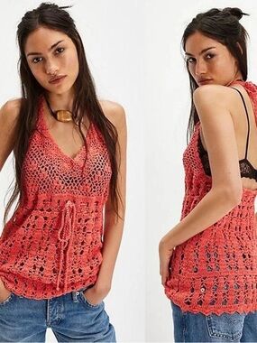 869. FREE PEOPLE Bayside Crochet Tunic in Radiant Watermelon Sz M NWT $128